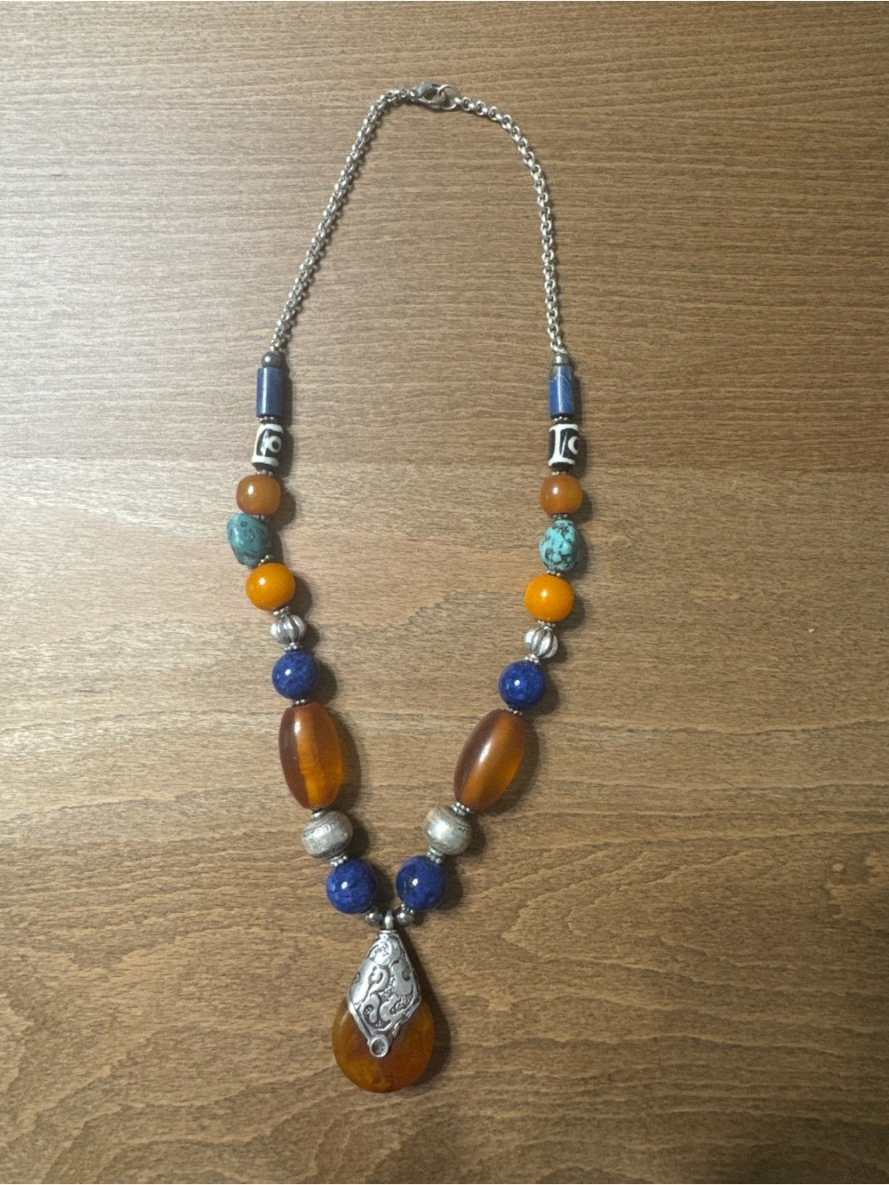 Multi-Color Beaded Pendant Necklace with Amber and Blue Accents